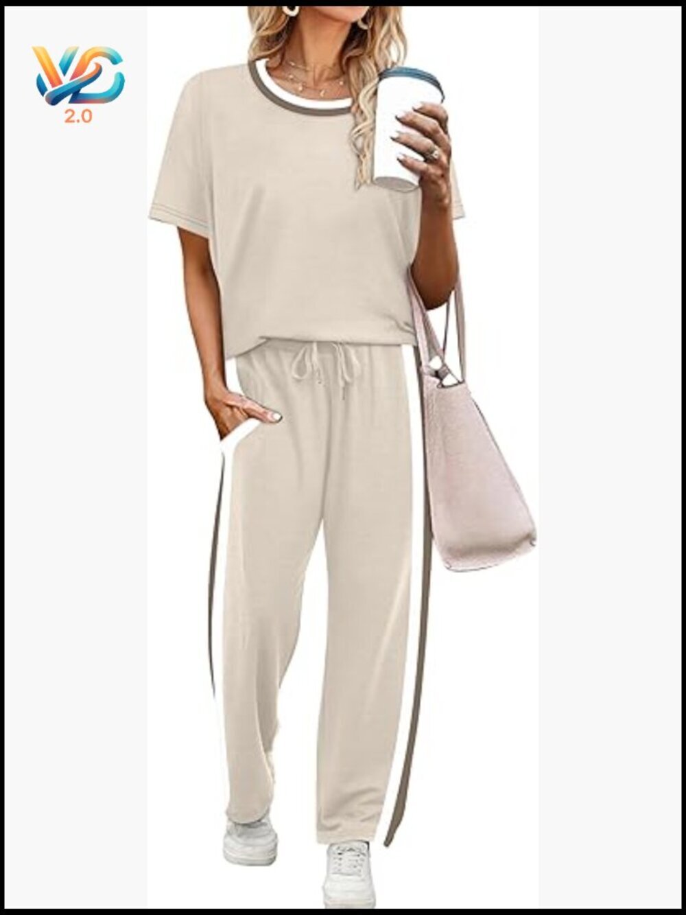 Two Piece Lounge Set Matching Summer Outfit Short Sleeve Top Wide Leg Pants
